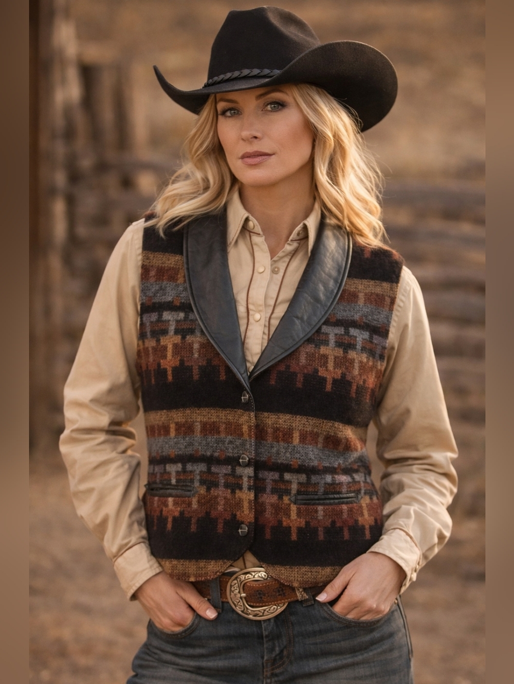 Southwestern Wool Vest with Leather Shawl Collar.pit to pit 22"no Size Tag.